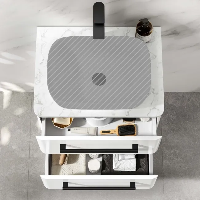 Omaha Gloss White Wall Hung Drawer Vanity with Marble Top 600mm (Excludes Counter Top Basin) - Black Accents