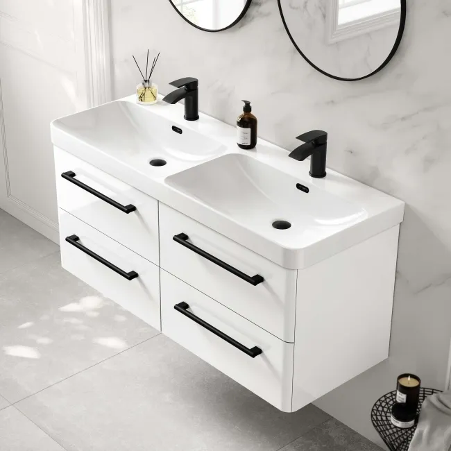Omaha Gloss White Wall Hung Double Basin Drawer Vanity 1200mm - Black Accents