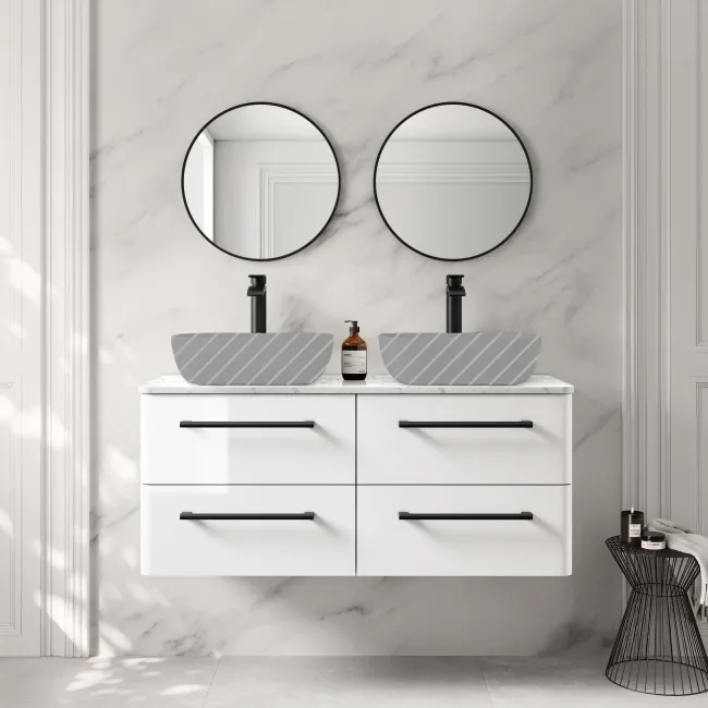 Omaha Gloss White Wall Hung Drawer Vanity with Marble Top 1200mm (Excludes Counter Top Basin) - Black Accents