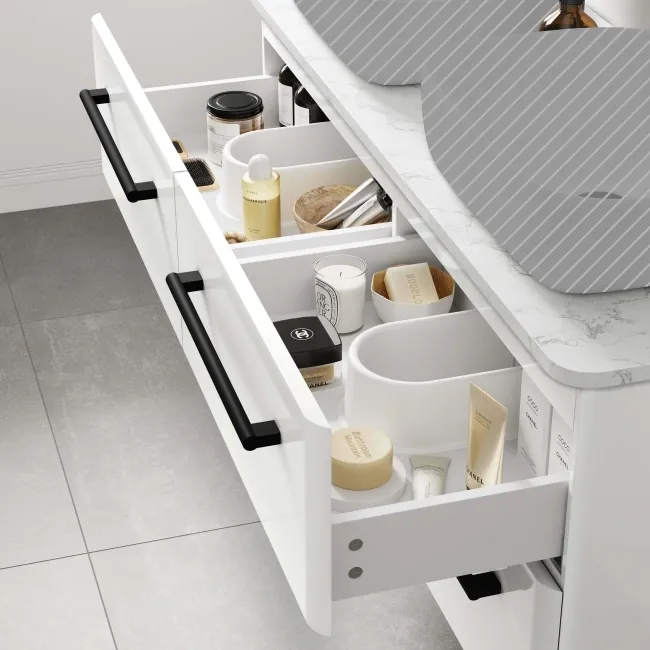 Omaha Gloss White Wall Hung Drawer Vanity with Marble Top 1200mm (Excludes Counter Top Basin) - Black Accents