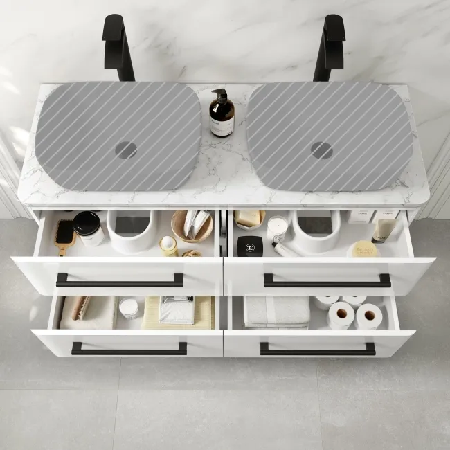 Omaha Gloss White Wall Hung Drawer Vanity with Marble Top 1200mm (Excludes Counter Top Basin) - Black Accents