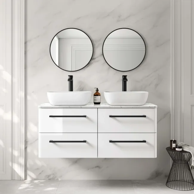 Omaha Gloss White Wall Hung Drawer Vanity with Marble Top & Curved Counter Top Basin 1200mm - Black Accents