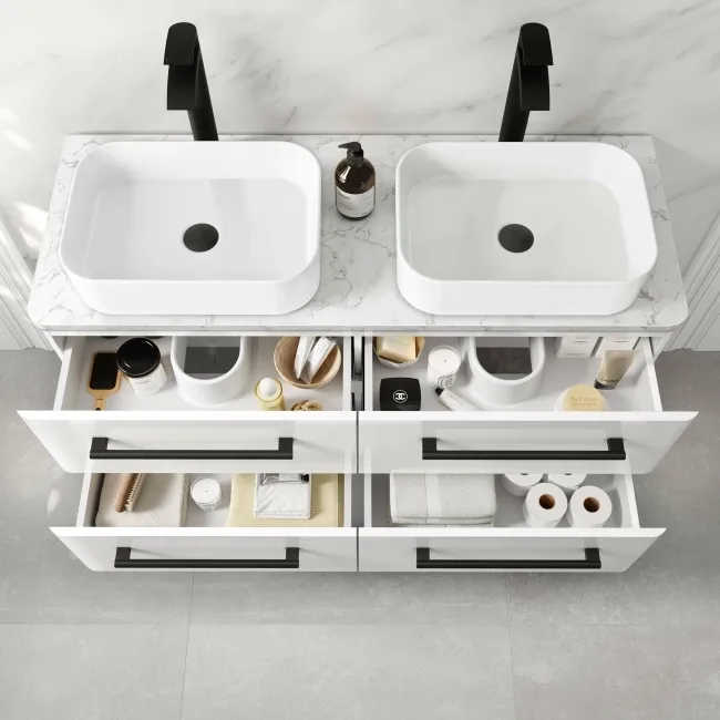 Omaha Gloss White Wall Hung Drawer Vanity with Marble Top & Marin Basin 1200mm - Black Accents