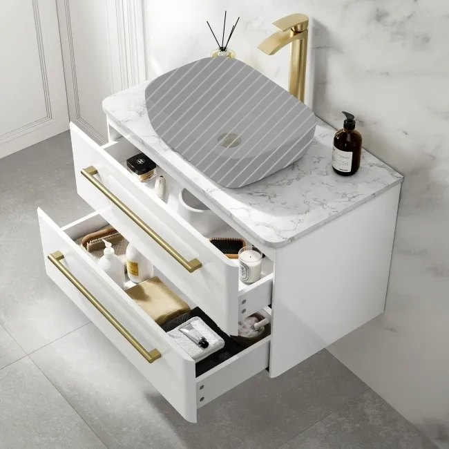 Omaha Gloss White Wall Hung Drawer Vanity with Marble Top 800mm (Excludes Counter Top Basin) - Brushed Brass Accents