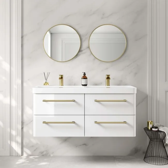 Omaha Gloss White Wall Hung Double Basin Drawer Vanity 1200mm - Brushed Brass Accents