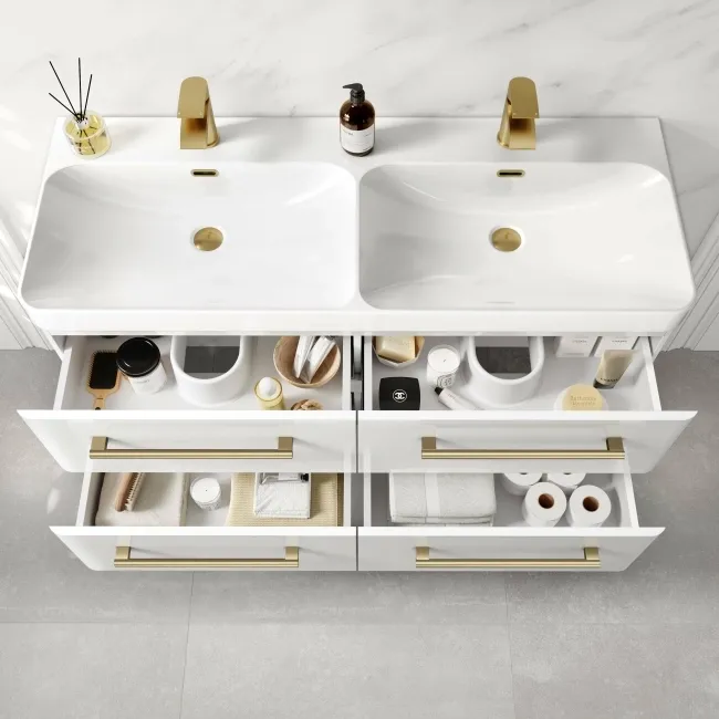Omaha Gloss White Wall Hung Double Basin Drawer Vanity 1200mm - Brushed Brass Accents