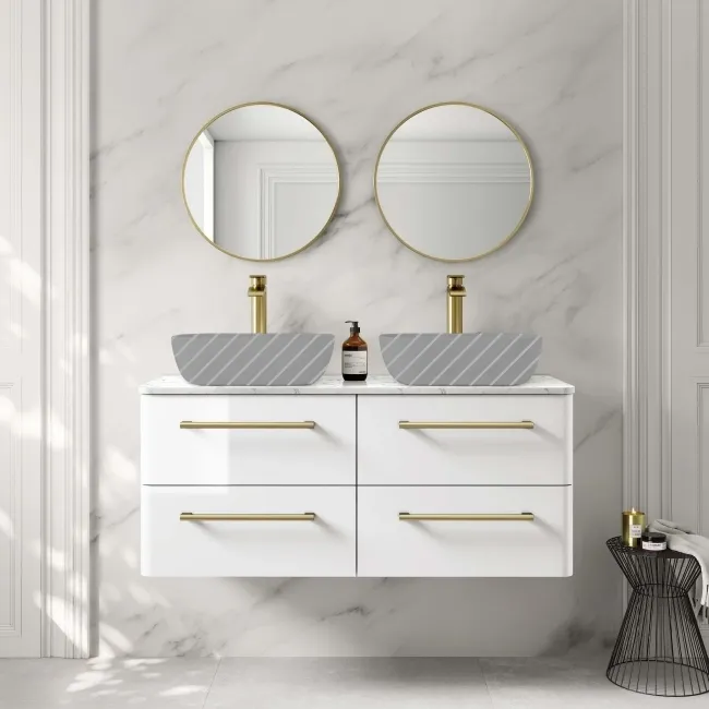 Omaha Gloss White Wall Hung Drawer Vanity with Marble Top 1200mm (Excludes Counter Top Basin) - Brushed Brass Accents