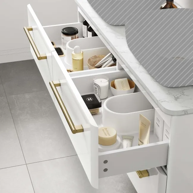 Omaha Gloss White Wall Hung Drawer Vanity with Marble Top 1200mm (Excludes Counter Top Basin) - Brushed Brass Accents