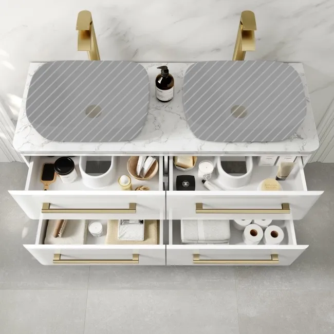 Omaha Gloss White Wall Hung Drawer Vanity with Marble Top 1200mm (Excludes Counter Top Basin) - Brushed Brass Accents