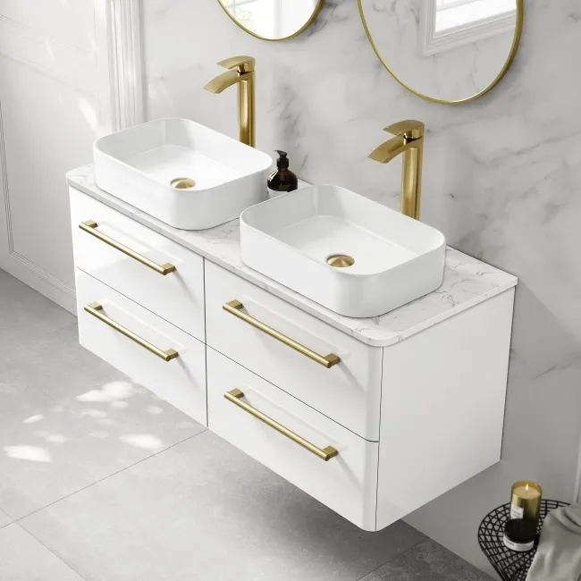 Omaha Gloss White Wall Hung Drawer Vanity with Marble Top & Marin Basin 1200mm - Brushed Brass Accents