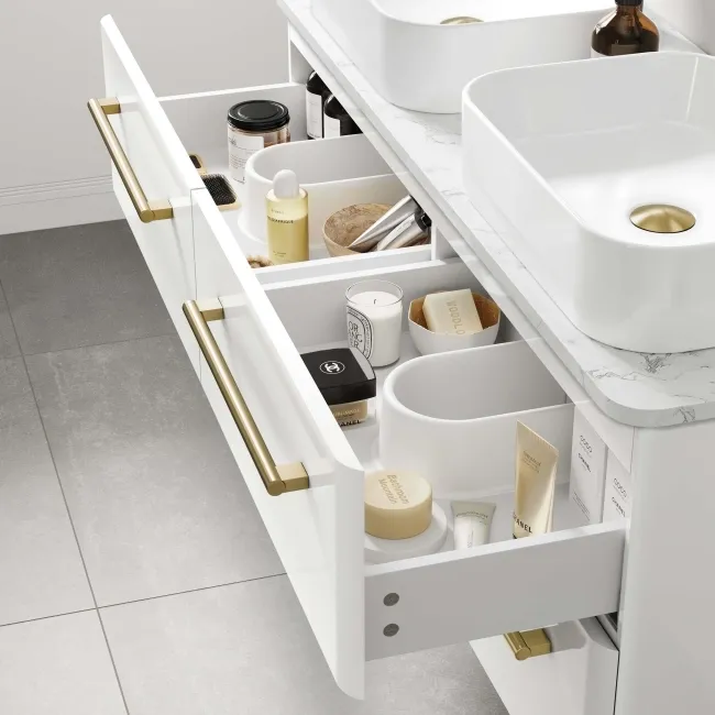 Omaha Gloss White Wall Hung Drawer Vanity with Marble Top & Marin Basin 1200mm - Brushed Brass Accents