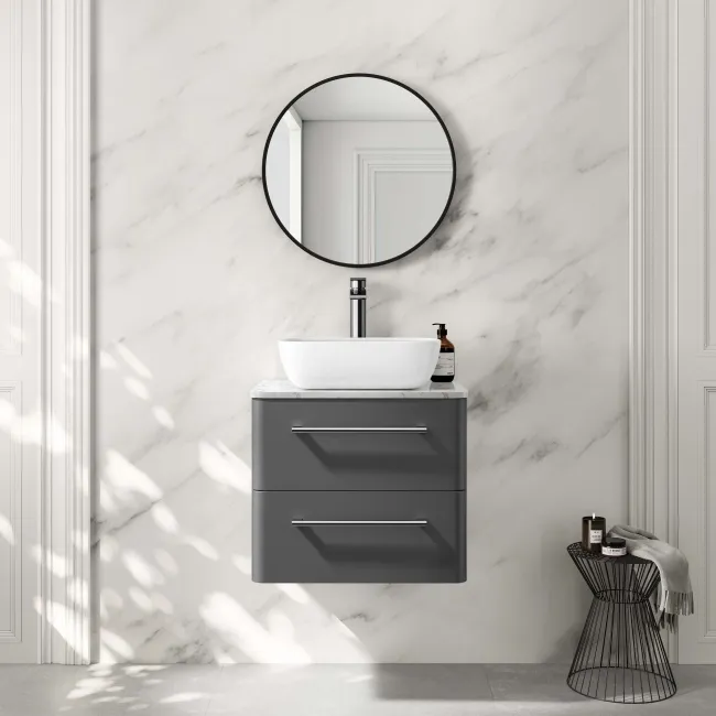 Omaha Slate Grey Wall Hung Drawer Vanity with Marble Top & Curved Counter Top Basin 600mm