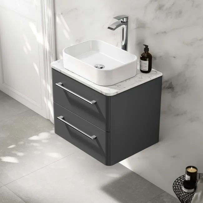 Omaha Slate Grey Wall Hung Drawer Vanity with Marble Top & Marin Basin 600mm