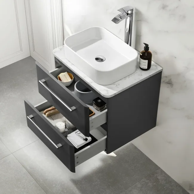 Omaha Slate Grey Wall Hung Drawer Vanity with Marble Top & Marin Basin 600mm