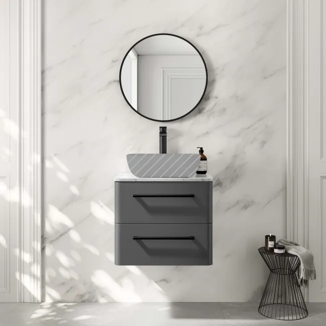 Omaha Slate Grey Wall Hung Drawer Vanity with Marble Top 600mm (Excludes Counter Top Basin) - Black Accents