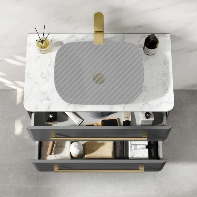 Omaha Slate Grey Wall Hung Drawer Vanity with Marble Top 800mm (Excludes Counter Top Basin) - Brushed Brass Accents