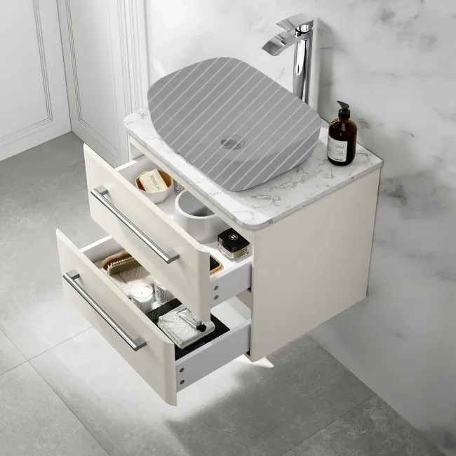 Omaha Linen White Wall Hung Drawer Vanity with Marble Top 600mm - Excludes Counter Top Basin