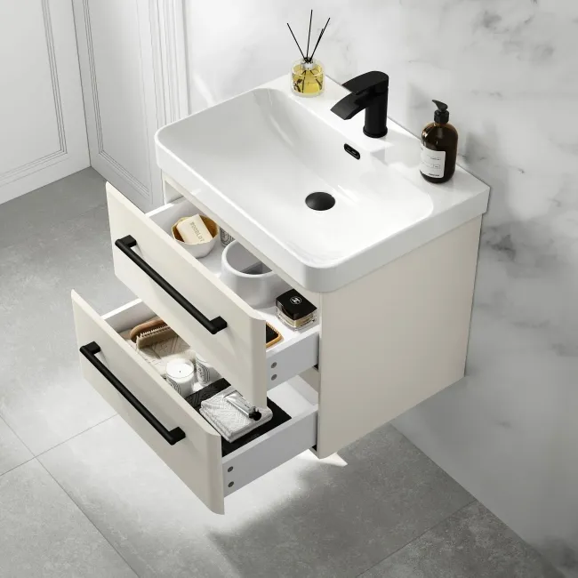 Omaha Linen White Wall Hung Basin Drawer Vanity 600mm - Black Accents