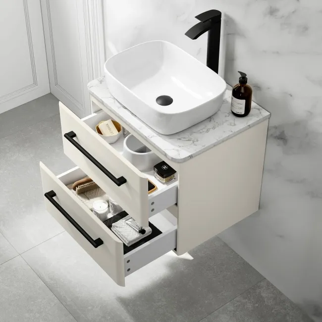 Omaha Linen White Wall Hung Drawer Vanity with Marble Top & Curved Counter Top Basin 600mm - Black Accents