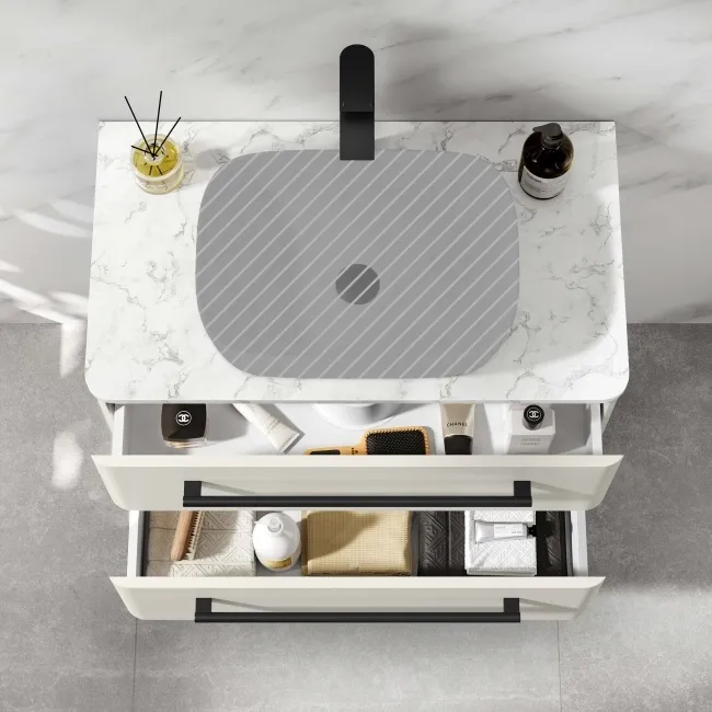 Omaha Linen White Wall Hung Drawer Vanity with Marble Top 800mm (Excludes Counter Top Basin) - Black Accents