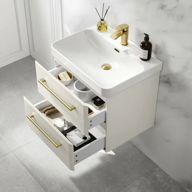 Omaha Linen White Wall Hung Basin Drawer Vanity 600mm - Brushed Brass Accents