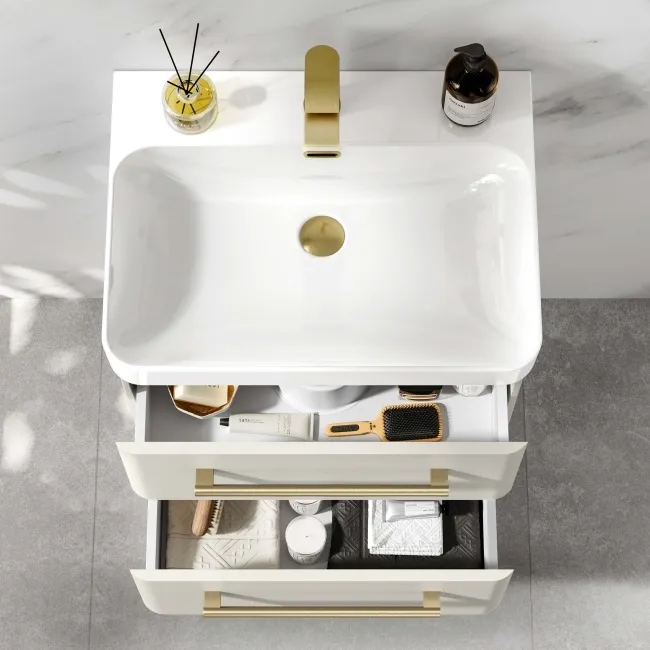 Omaha Linen White Wall Hung Basin Drawer Vanity 600mm - Brushed Brass Accents