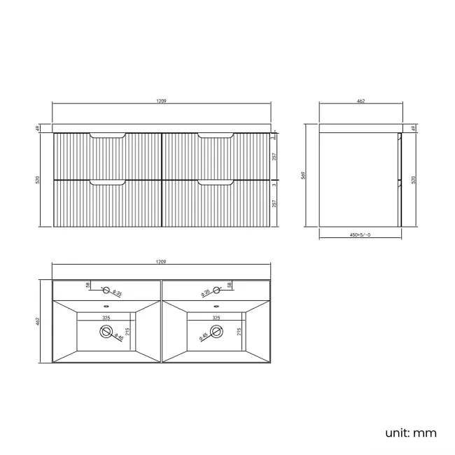 Crete Fluted Apex Oak Wall Hung Double Basin Drawer Vanity 1200mm