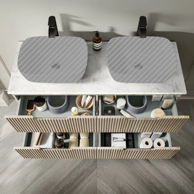 Crete Fluted Apex Oak Double Wall Hung Drawer Vanity with Marble Top 1200mm - Excludes Counter Top Basin