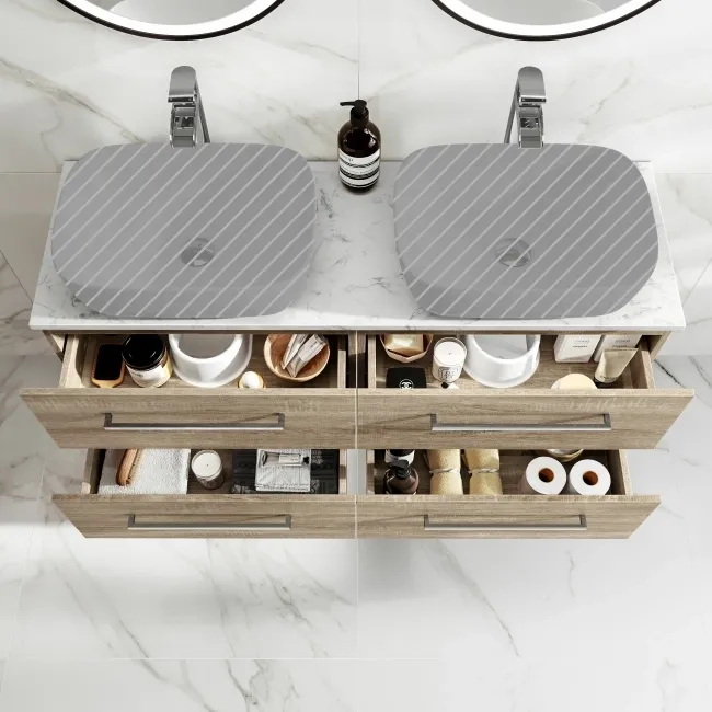 Elba Dawn Oak Wall Hung Drawer with Marble Top 1200mm - Excludes Counter Top Basin