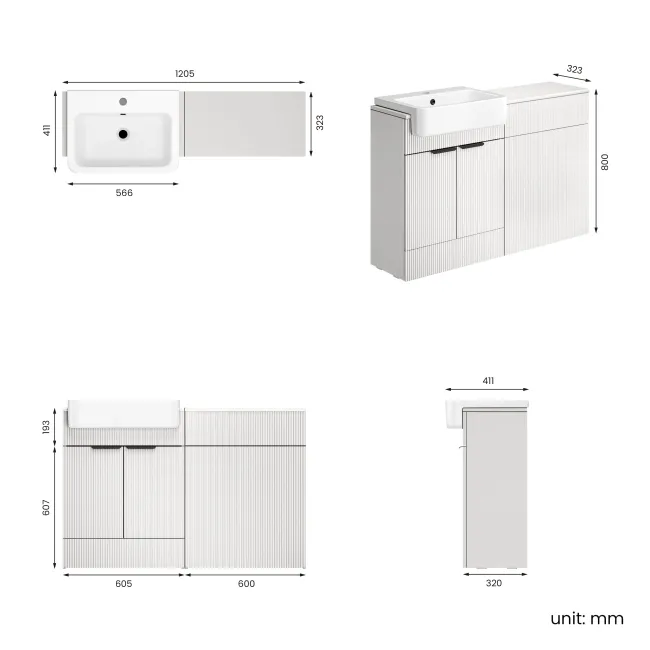Sicily Fluted Coastal White Basin Vanity and Back To Wall Toilet Unit 1200mm (Excludes Toilet) - Black Accents