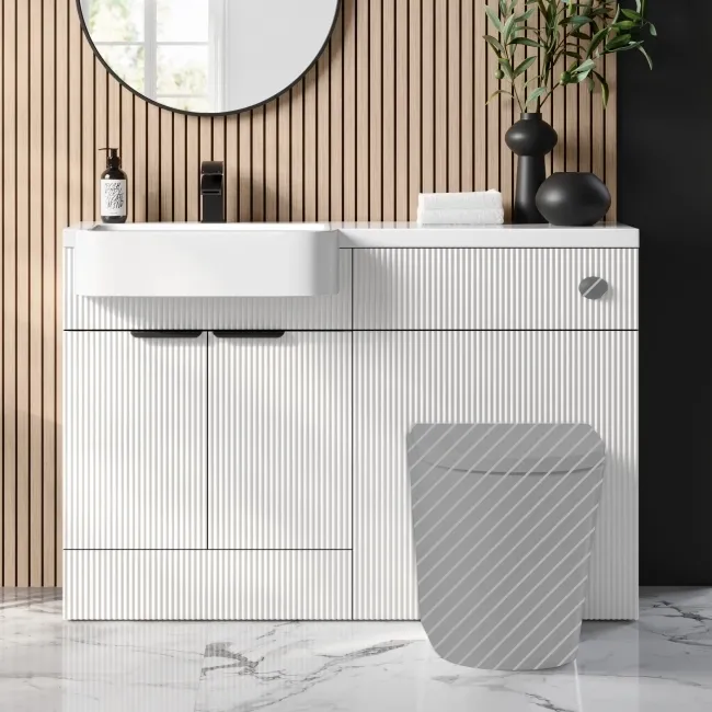 Sicily Fluted Coastal White Basin Vanity and Back To Wall Toilet Unit 1200mm (Excludes Toilet) - Black Accents - Left Handed