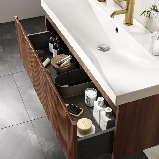 Malta Fluted Black Walnut Wall Hung Basin Drawer Vanity 1000mm