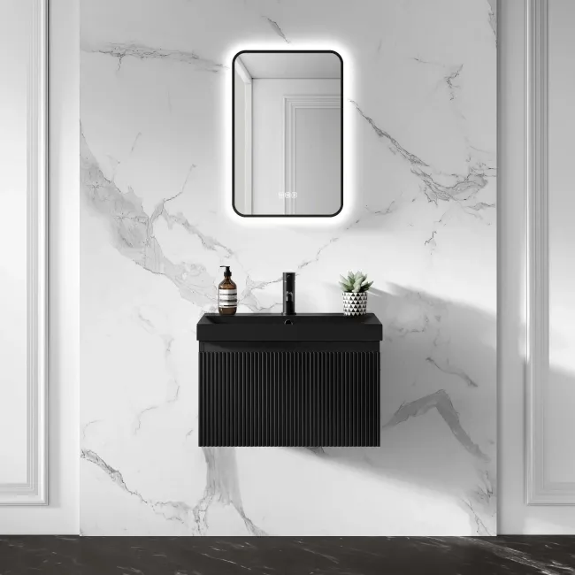 Malta Fluted Matt Black Wall Hung Drawer Vanity with Matt Black Basin 600mm