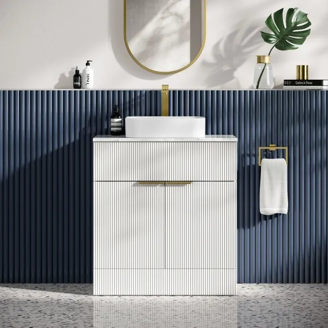 Havana Fluted Coastal White Cabinet with Marble Top & Marin Basin 800mm - Brushed Brass Accents
