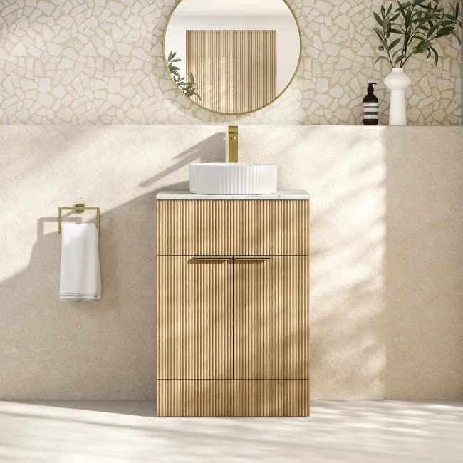 Havana Fluted Country Oak Cabinet with Marble Top & Nevis Basin 600mm - Brushed Brass Accents