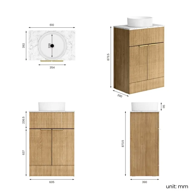 Havana Fluted Country Oak Cabinet with Marble Top & Nevis Basin 600mm - Brushed Brass Accents
