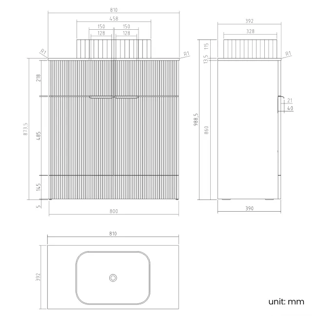 Havana Fluted Country Oak Cabinet with Marble Top & Reno Basin 800mm - Brushed Brass Accents