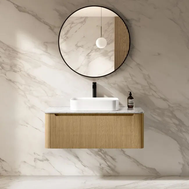 Sorrento Fluted Country Oak Wall Hung Drawer Vanity with Marble Top & Marin Basin 1000mm