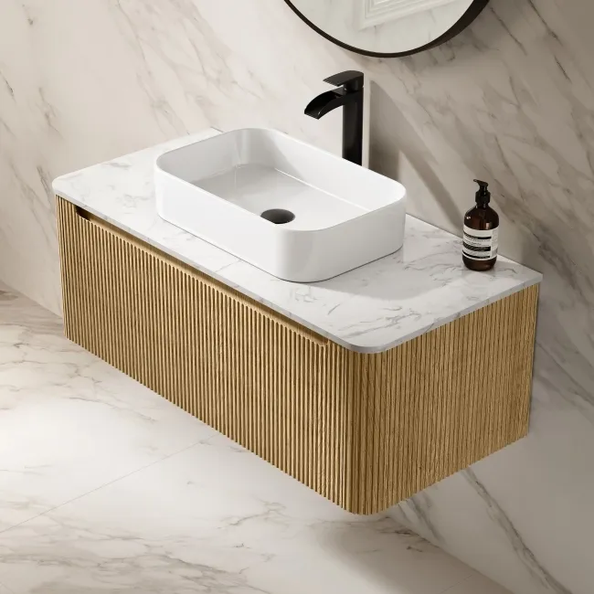 Sorrento Fluted Country Oak Wall Hung Drawer Vanity with Marble Top & Marin Basin 1000mm