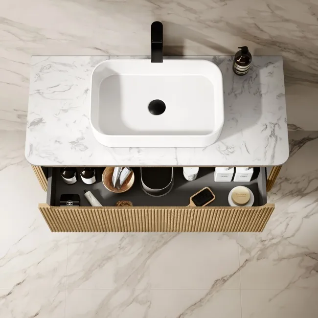 Sorrento Fluted Country Oak Wall Hung Drawer Vanity with Marble Top & Marin Basin 1000mm