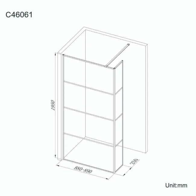 Munich Matt Black Grid 8mm Wet Room Shower Glass 900mm & 250mm Return Panel