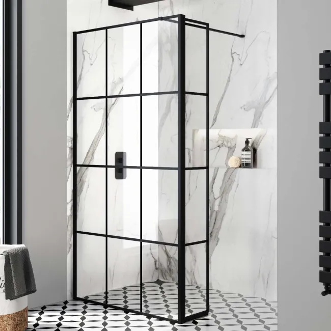 Munich Matt Black Grid 8mm Wet Room Shower Glass 900mm & 250mm Pivotal Return Panel