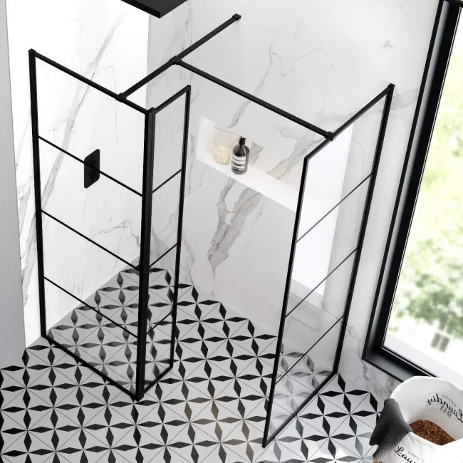 Munich Matt Black Grid 8mm Walk In Shower Enclosure 700mm & 800mm Glass with Pivotal Return Panel