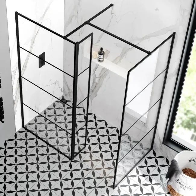 Munich Matt Black Grid 8mm Walk In Shower Enclosure 900mm & 800mm Glass with Pivotal Return Panel