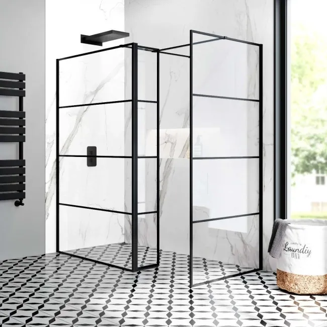 Munich Matt Black Grid 8mm Walk In Shower Enclosure 1200mm & 800mm Glass with Pivotal Return Panel