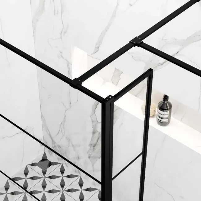 Munich Matt Black Grid 8mm Walk In Shower Enclosure 1200mm & 800mm Glass with Pivotal Return Panel