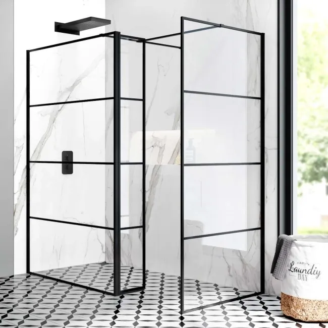 Munich Matt Black Grid 8mm Walk In Shower Enclosure 1200mm & 900mm Glass with Pivotal Return Panel