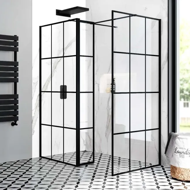 Munich Matt Black Grid 8mm Walk In Shower Enclosure 900mm & 800mm Glass with Pivotal Return Panel