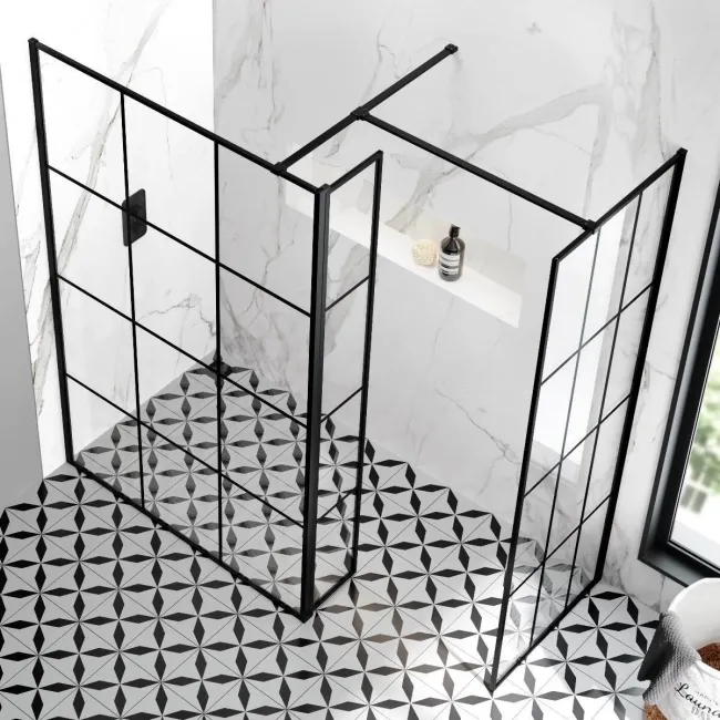 Munich Matt Black Grid 8mm Walk In Shower Enclosure 1200mm & 800mm Glass with Pivotal Return Panel