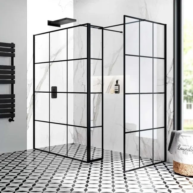Munich Matt Black Grid 8mm Walk In Shower Enclosure 1400mm & 900mm Glass with Pivotal Return Panel